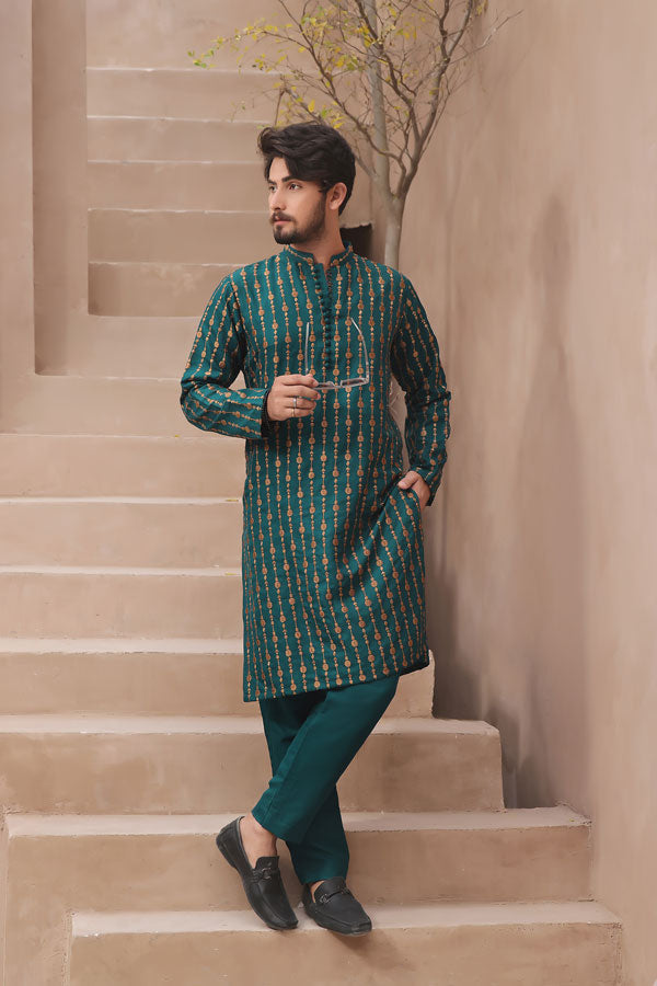 Green Embroidered Raw Silk Unstitched Suit