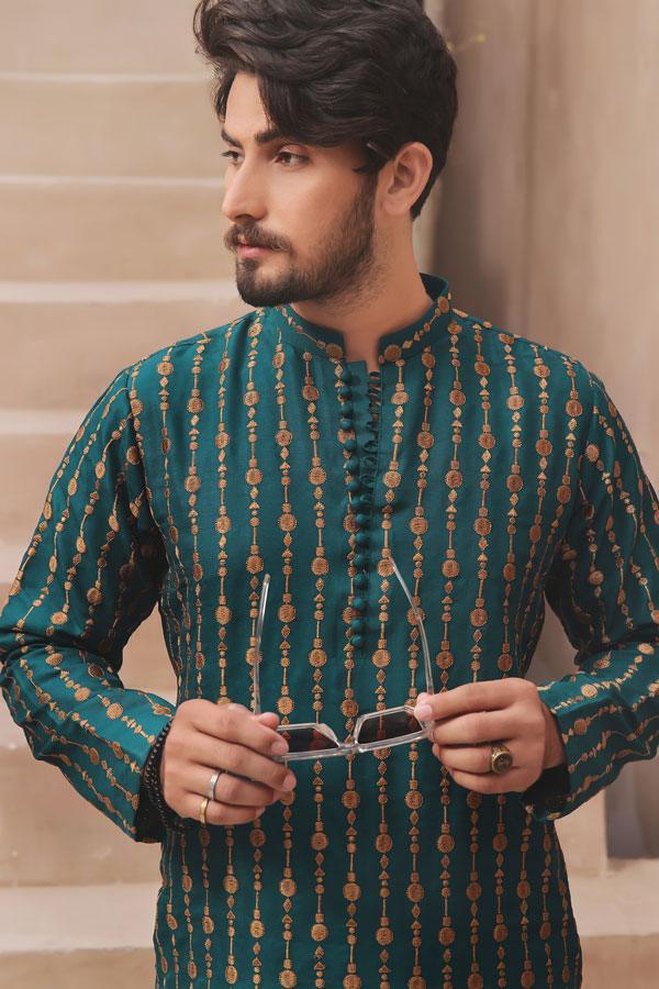 Green Embroidered Raw Silk Kurta Pyjama