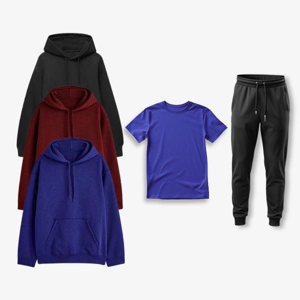 Mega Winter Combo – 5 Hoodies + Free T-Shirt & Sweatpant