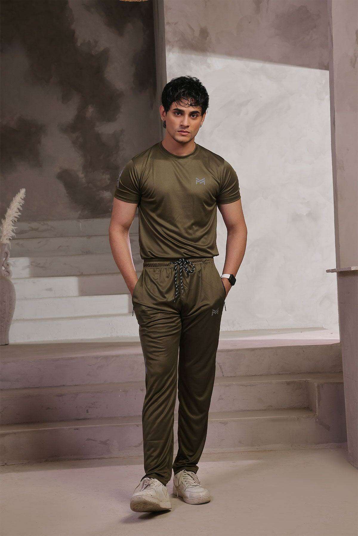Army Green Performance Activewear Set (T-Shirt + Trouser)